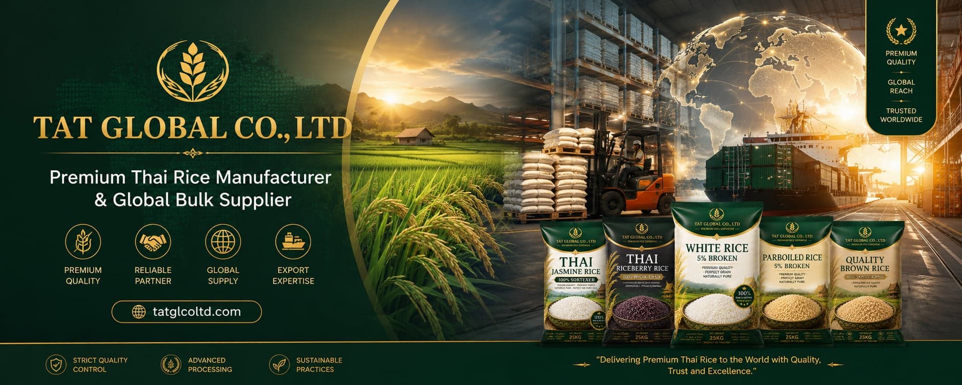 TAT Global about banner — Premium Thai rice manufacturer and global bulk supplier with quality, global supply, and export expertise