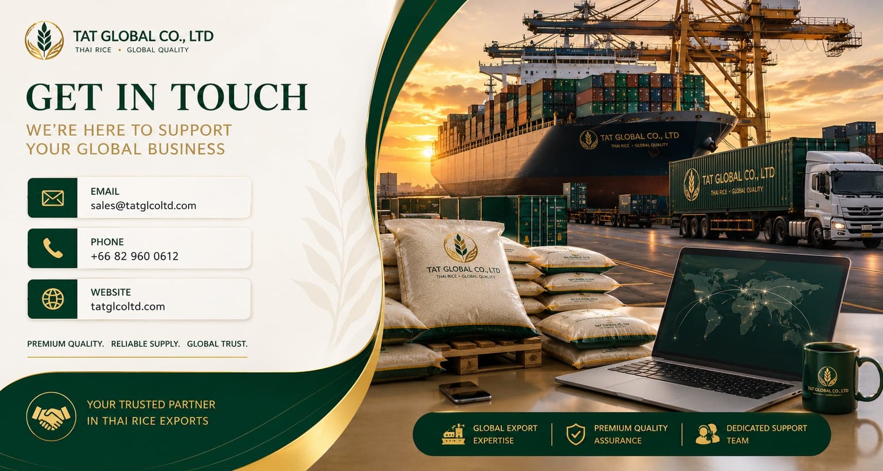 TAT Global contact banner — Get in touch for Thai rice exports with email, phone, and website details