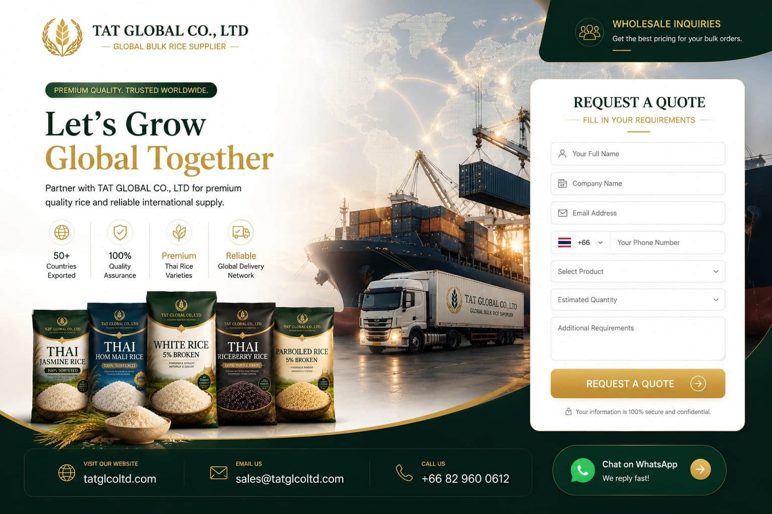 TAT Global wholesale inquiry and quote banner with export logistics, rice products, and contact details