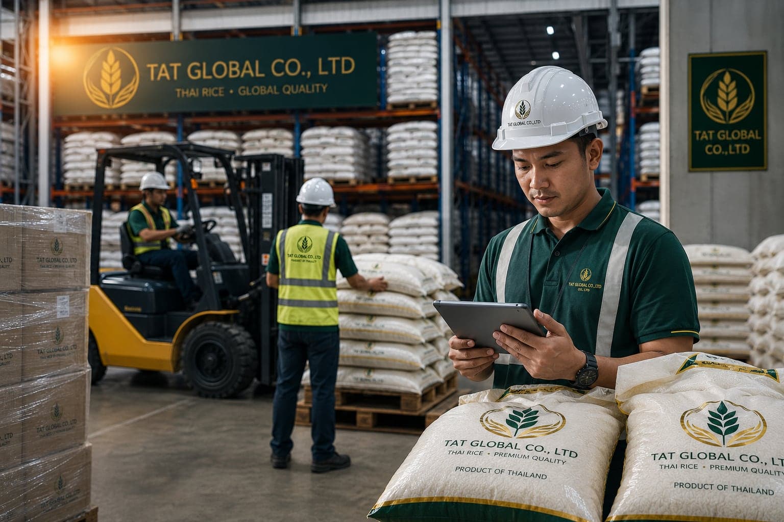 TAT Global quality assurance — Warehouse quality control, certified Thai rice bags, and export-ready inventory