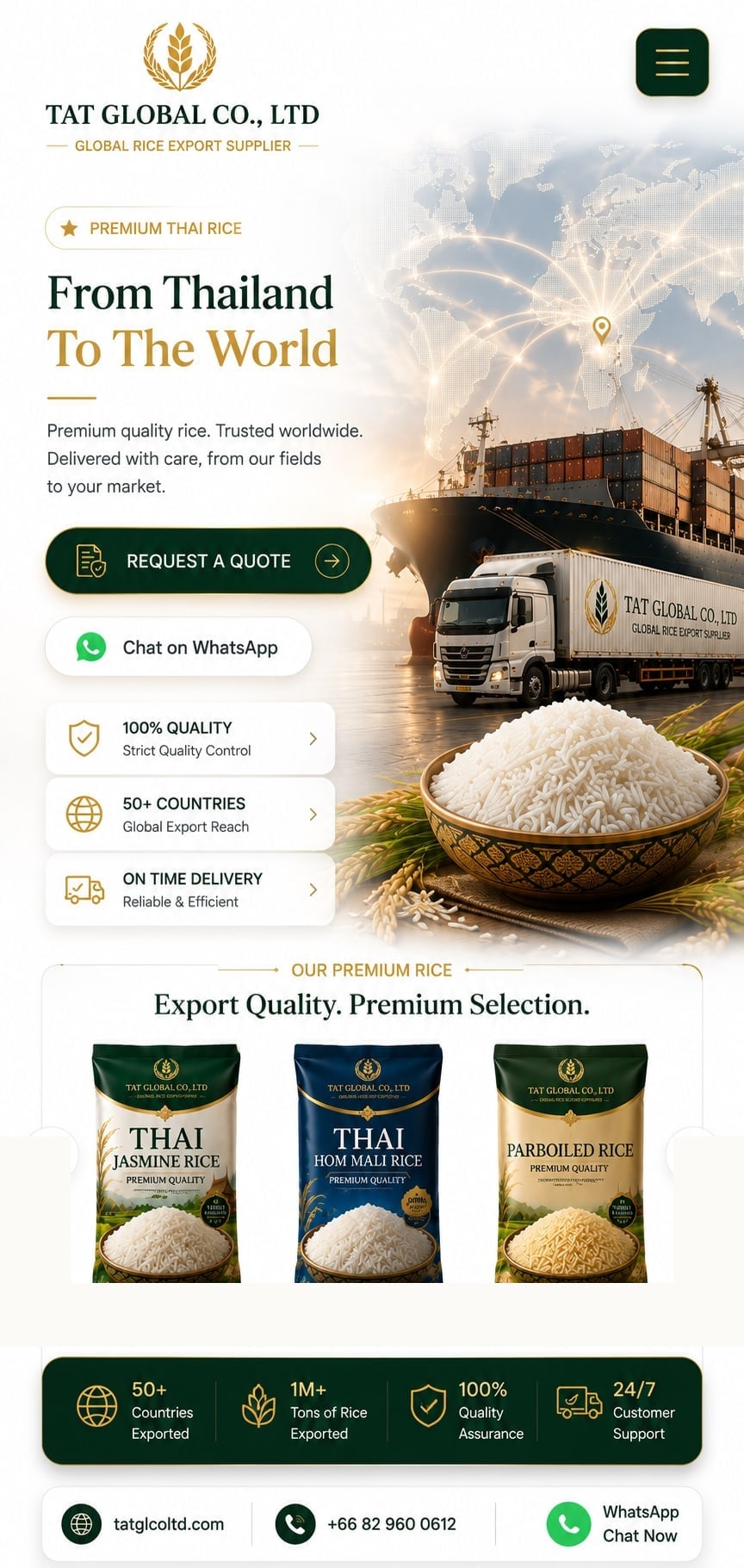TAT Global mobile homepage — premium Thai rice export, quote request, WhatsApp, and product selection