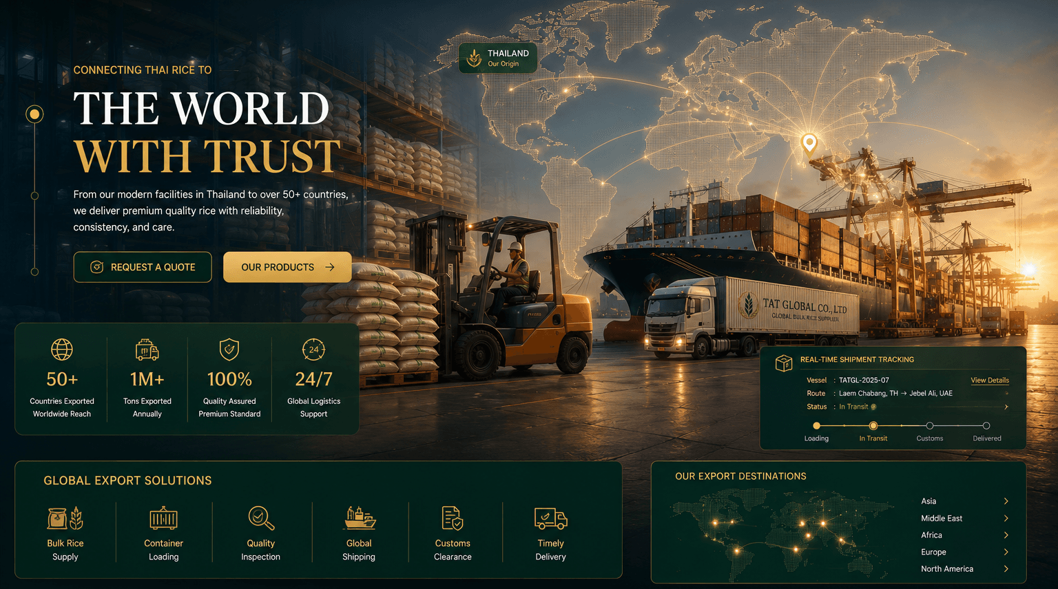 TAT Global rice export logistics banner with warehouse, container port, and global shipping map