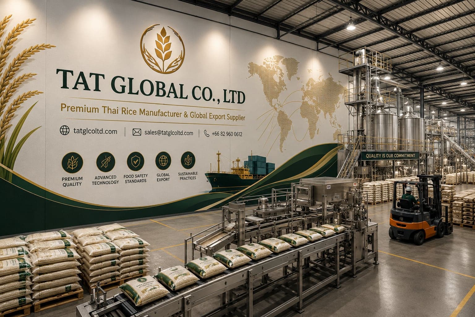 TAT Global packaging and processing line with branded export rice bags in a modern facility
