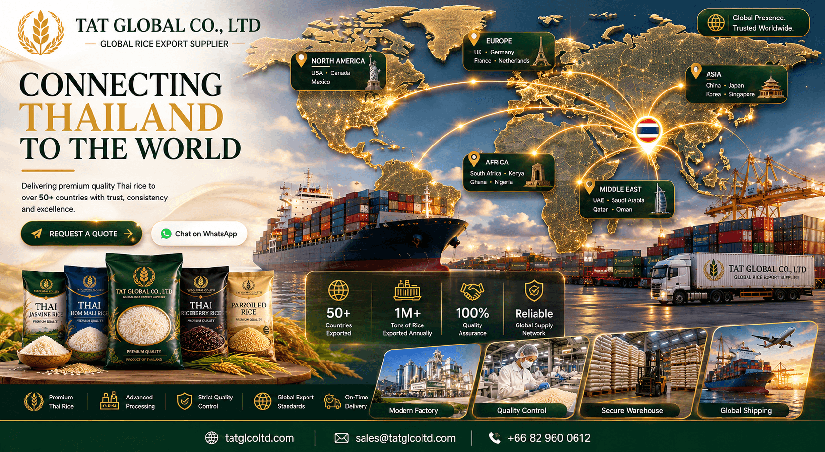 TAT Global rice export quality control with Thai rice bags, laboratory inspection, secure warehouse, and global shipping