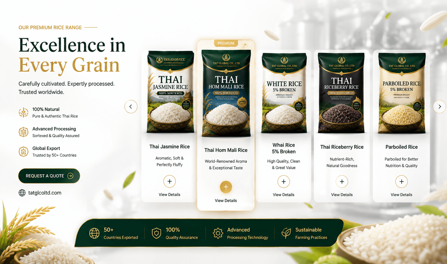 TAT Global premium Thai rice range with natural rice, quality assurance, and sustainable farming practices