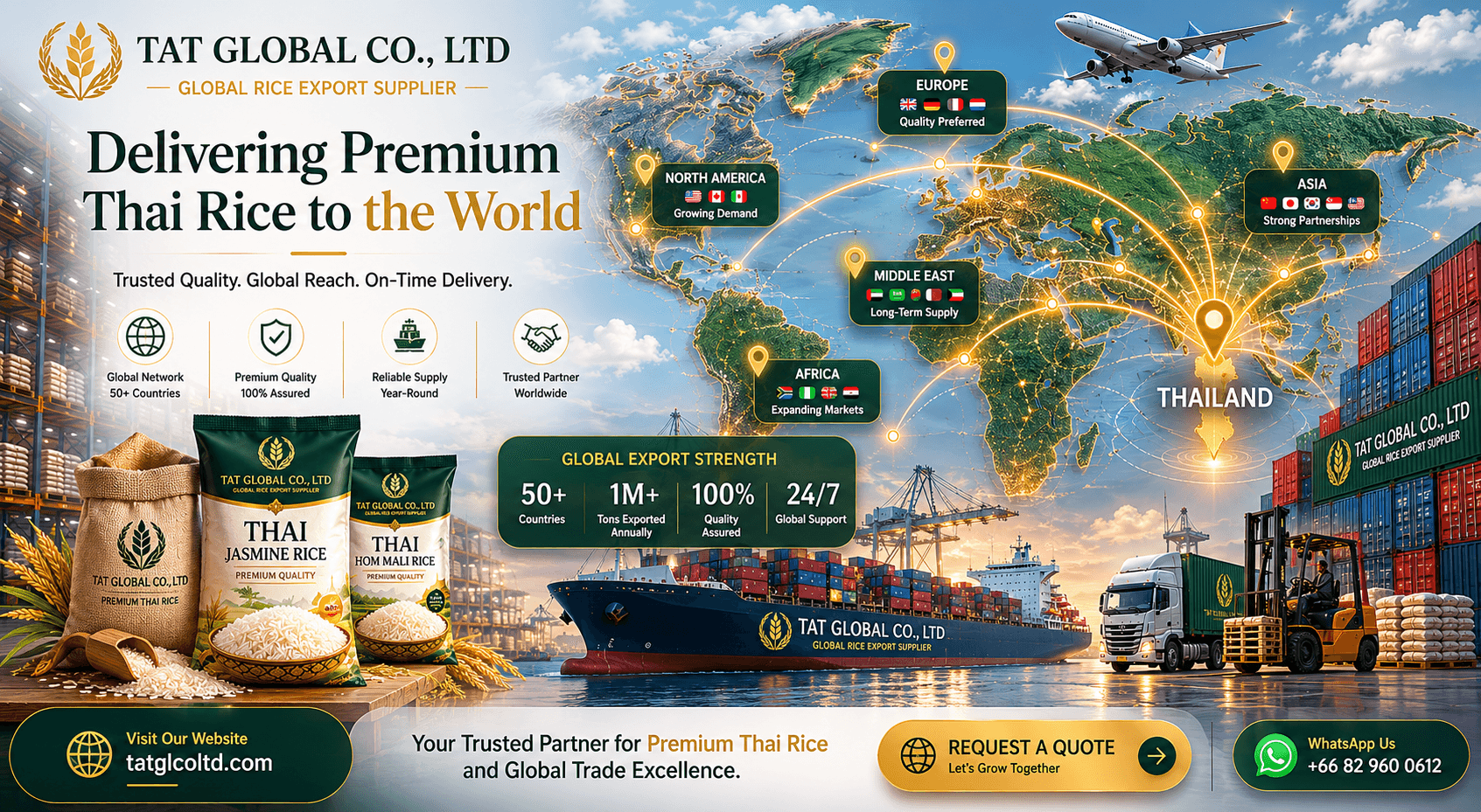 TAT Global trusted partner banner for premium Thai rice delivery, global reach, and reliable supply